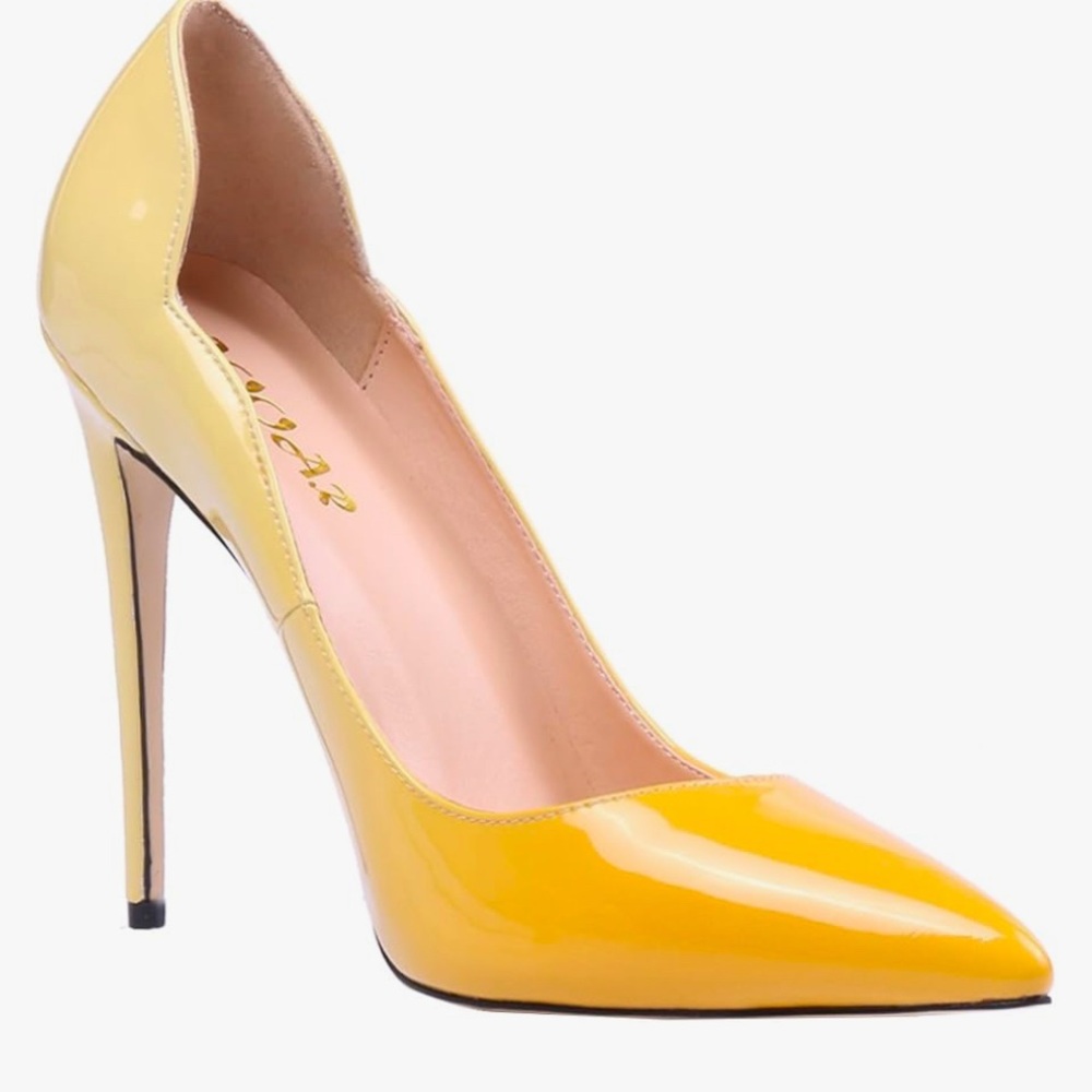 OOAR Women's Plus Size Two-Toned Shaped Yellow Patent Stiletto Pumps 7.5 M